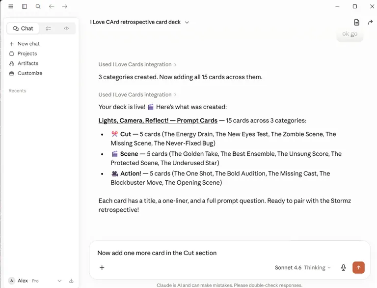 Claude AI creating an I Love Cards deck through the MCP connector