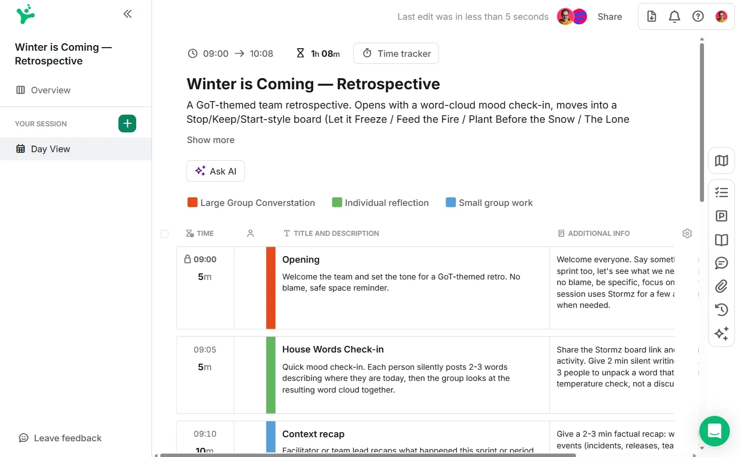 SessionLab agenda for a Winter is Coming retrospective with timed workshop activities.