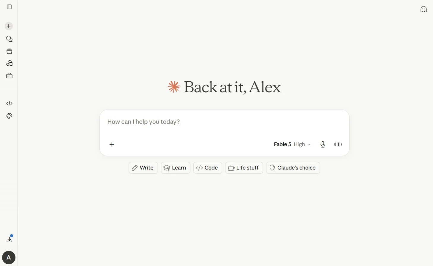 Claude home screen with an empty conversation prompt addressed to Alex.