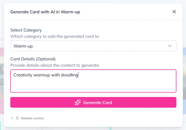 The Generate Card with AI modal showing category selection and a prompt field
