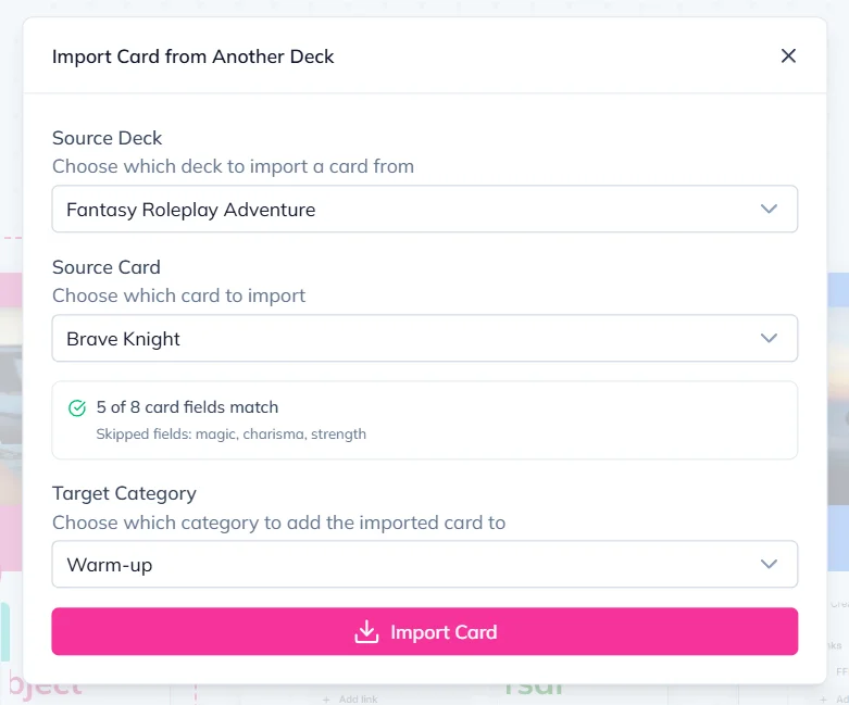 The Import Card modal showing source deck, source card, field matching preview, and target category