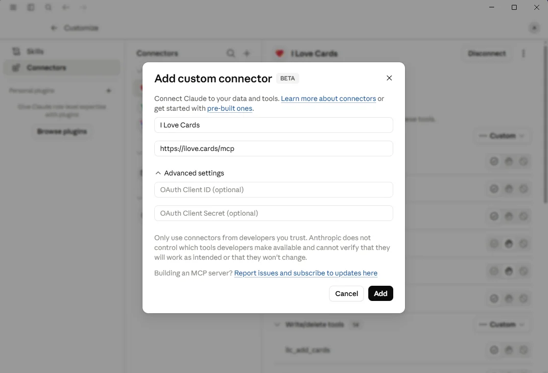 Claude AI connector settings for I Love Cards