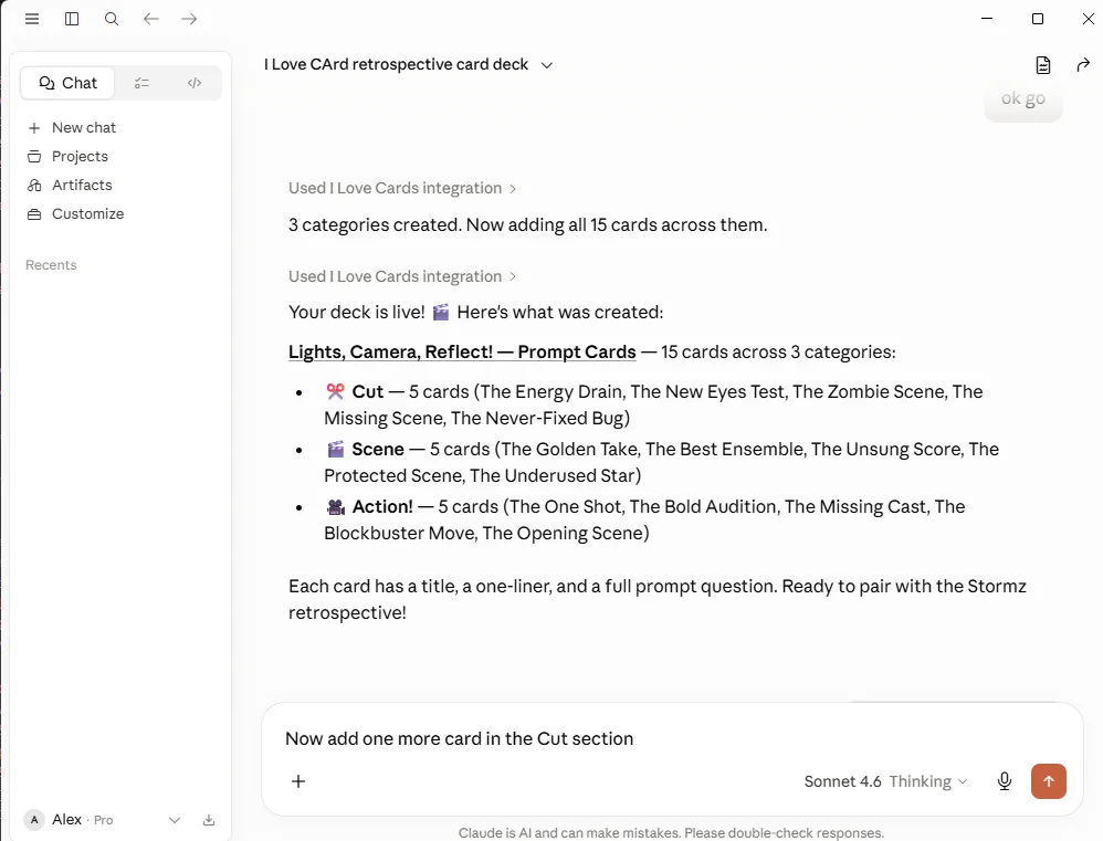 Claude AI creating an I Love Cards deck through the MCP connector